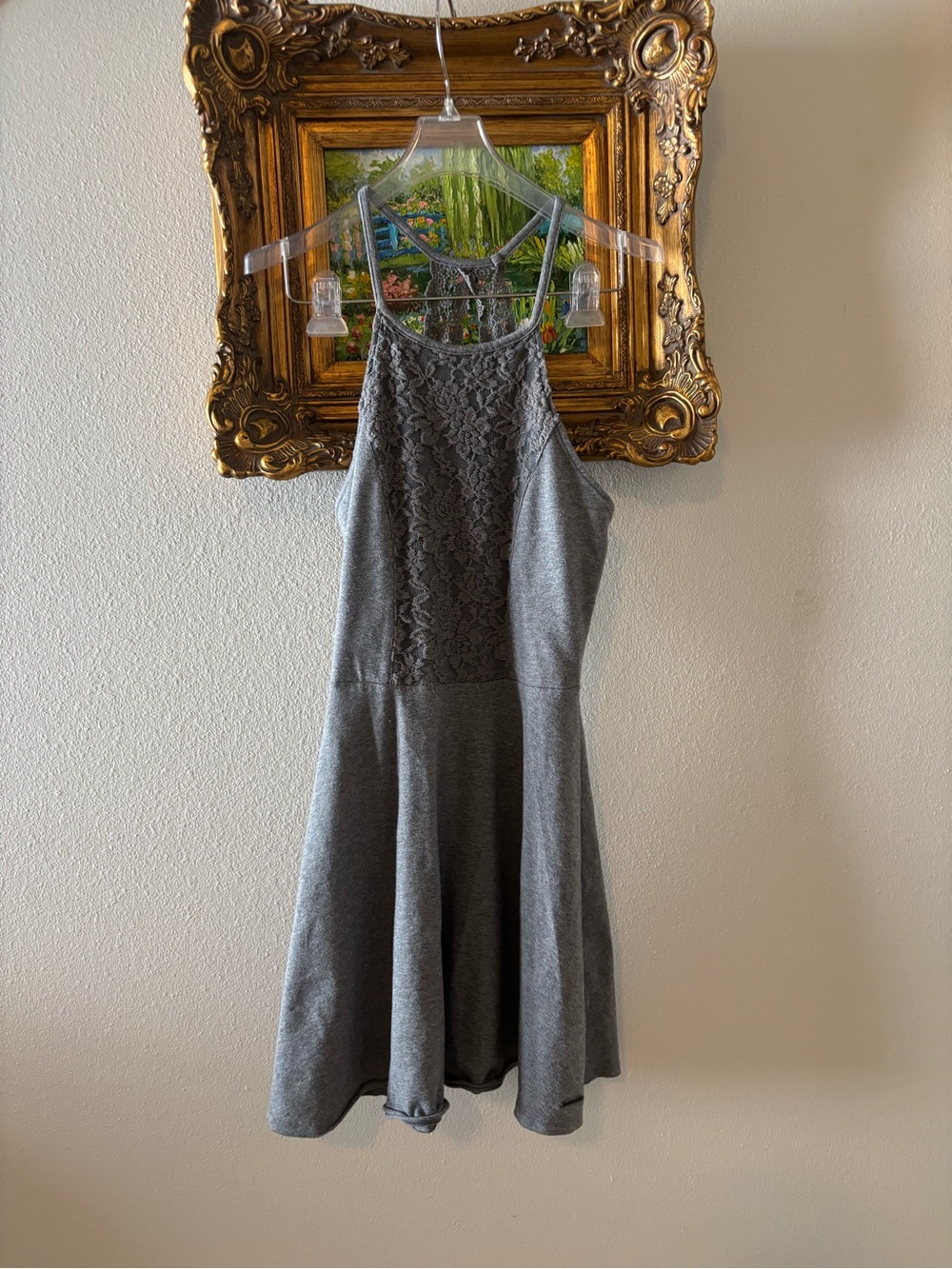 Abercrombie & Fitch Heather Gray Floral Lace High-Neck Skater Dress